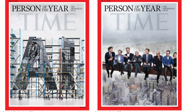 Two TIME Person of the Year covers featuring AI architects and construction.