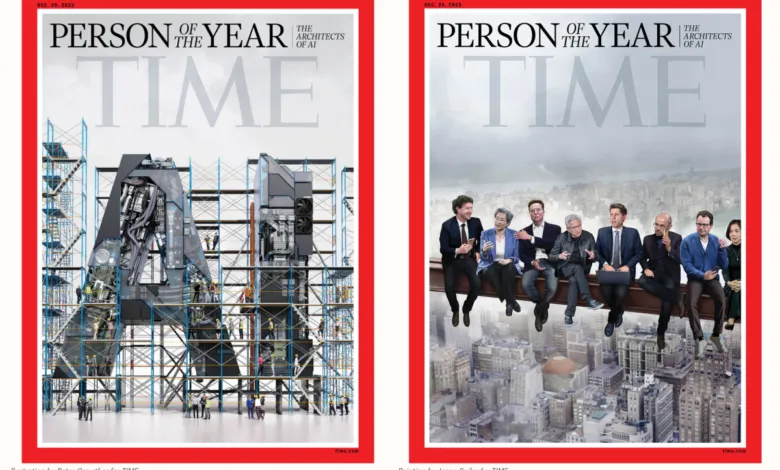 Two TIME Person of the Year covers featuring AI architects and construction.
