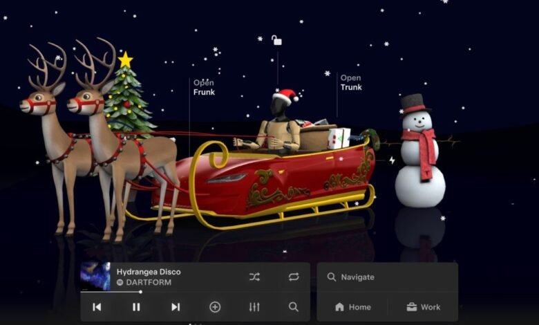 Tesla holiday update showing reindeer pulling a sleigh-shaped car with a snowman.