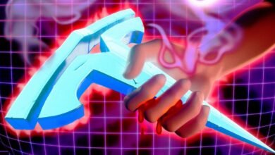 Hand holds a glowing blue tool against a neon grid background.
