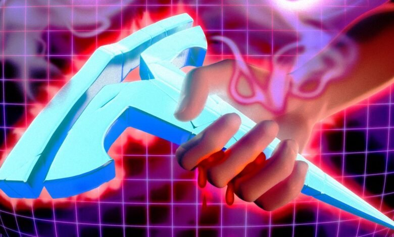 Hand holds a glowing blue tool against a neon grid background.