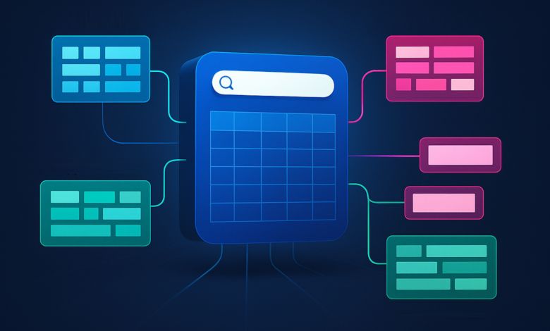 Abstract diagram of data flow with search bar and connected data blocks.