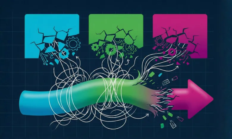Abstract illustration of AI regression with breaking blocks and an arrow.