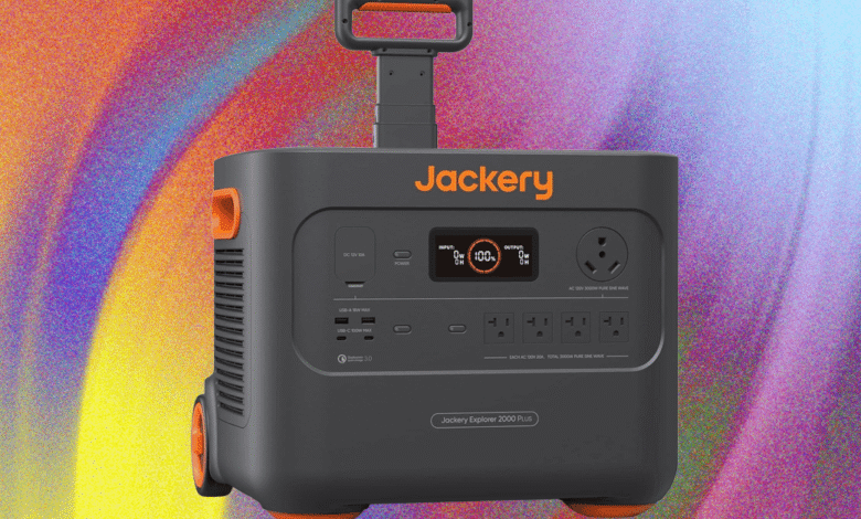 Jackery Explorer 2000 Plus portable power station with handle and wheels.