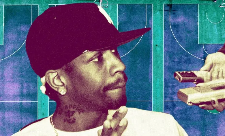 Allen Iverson portrait with basketball court background and tape recorders.