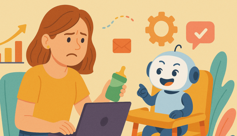 Stressed woman works on laptop while holding baby bottle next to a smiling robot.