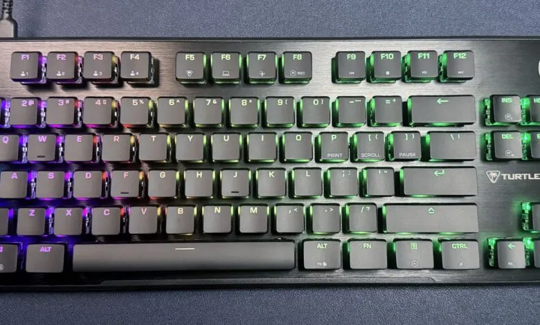 Turtle Beach mechanical keyboard with RGB lighting on a dark surface.