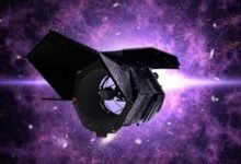 Illustration of a space telescope against a backdrop of a vibrant purple galaxy.