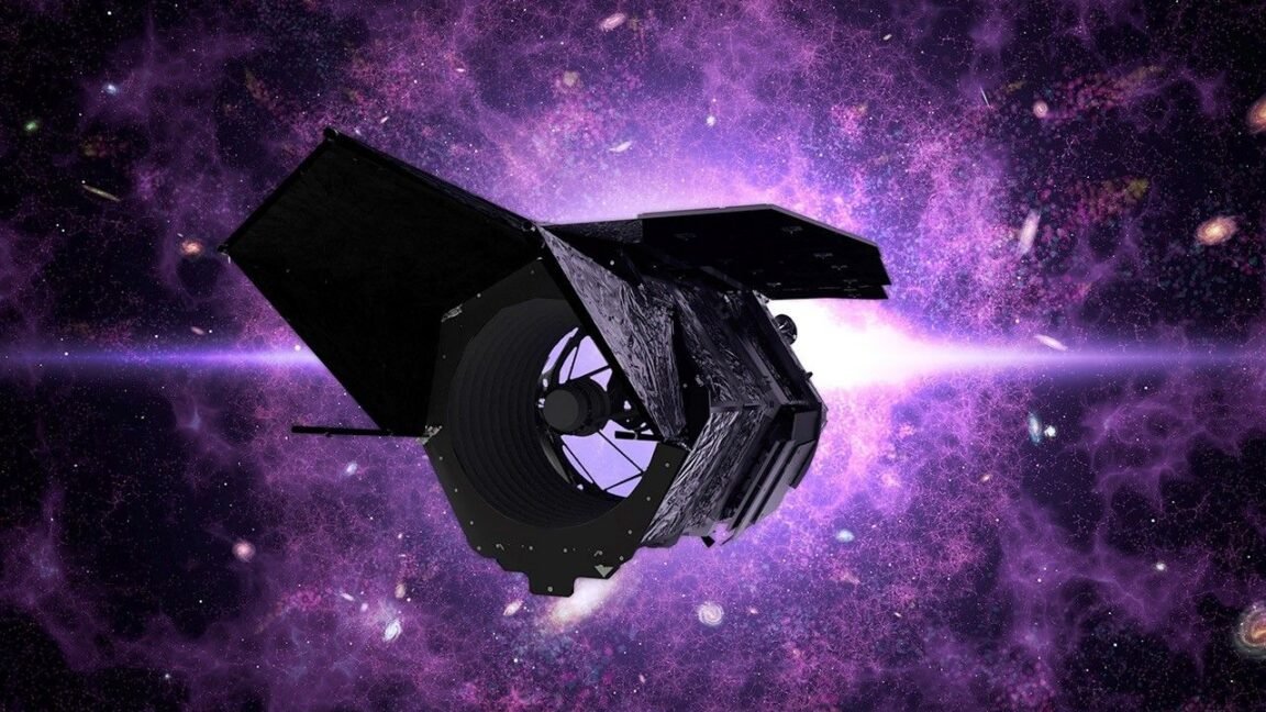 Illustration of a space telescope against a backdrop of a vibrant purple galaxy.