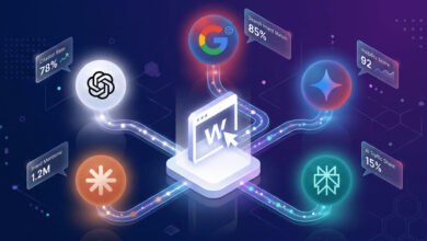 Abstract illustration of interconnected AI and SEO metrics with brand logos.