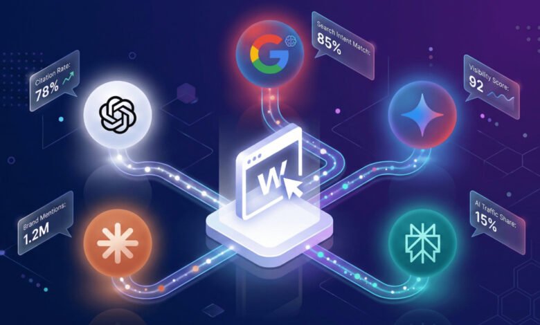 Abstract illustration of interconnected AI and SEO metrics with brand logos.