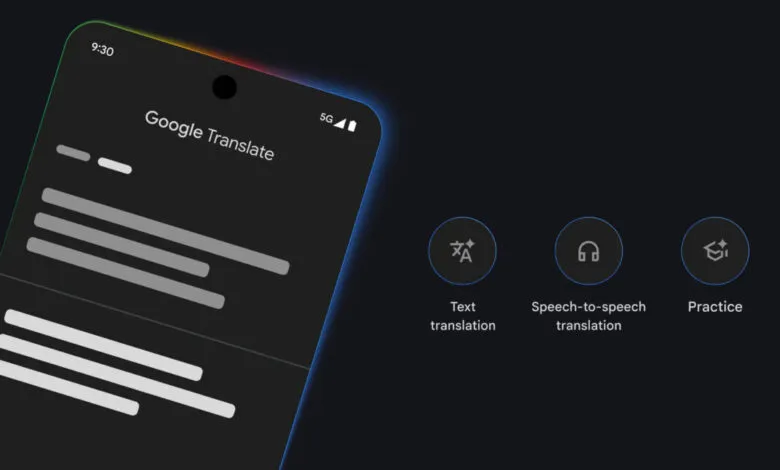 Google Translate app interface on a smartphone showing text, speech, and practice options.