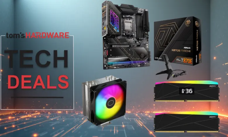 Tech deals promotion featuring motherboard, CPU cooler, and RAM.