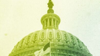 Close-up of the US Capitol dome with a green halftone effect.