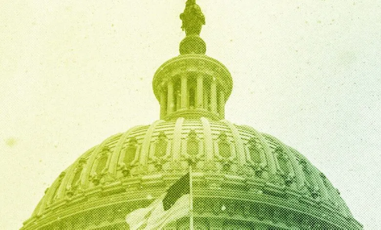 Close-up of the US Capitol dome with a green halftone effect.