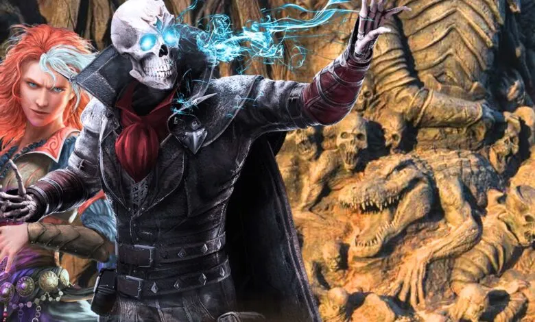 Fantasy art featuring a skeleton mage, a red-haired woman, and a skull-covered throne.