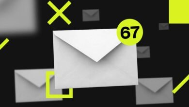 Floating white envelopes with a notification badge showing '67' unread messages.
