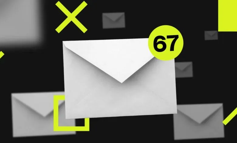 Floating white envelopes with a notification badge showing '67' unread messages.