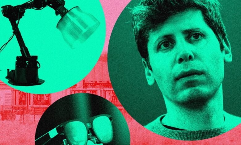 Abstract art with a man's face, robotic arm, and sunglasses in circles.