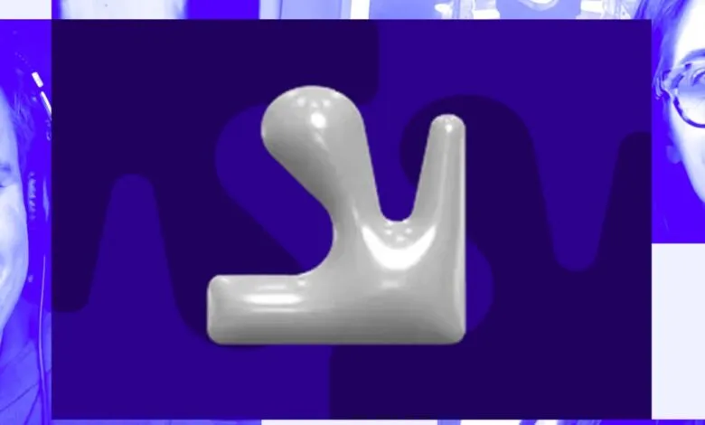 Abstract image with two people and a stylized 'V' logo in the center.