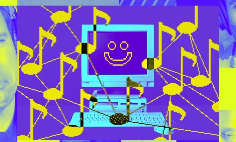 Retro computer with smiley face, musical notes, and faces in a vibrant, pixelated design.