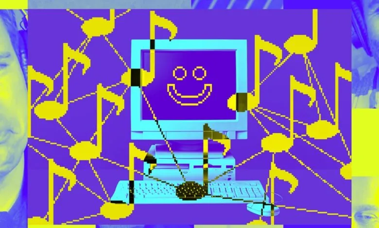 Retro computer with smiley face, musical notes, and faces in a vibrant, pixelated design.