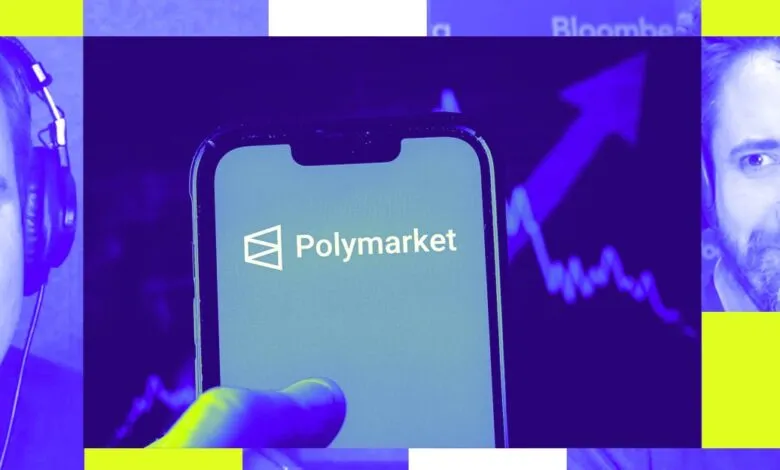 Polymarket app displayed on phone screen with two people in the background.