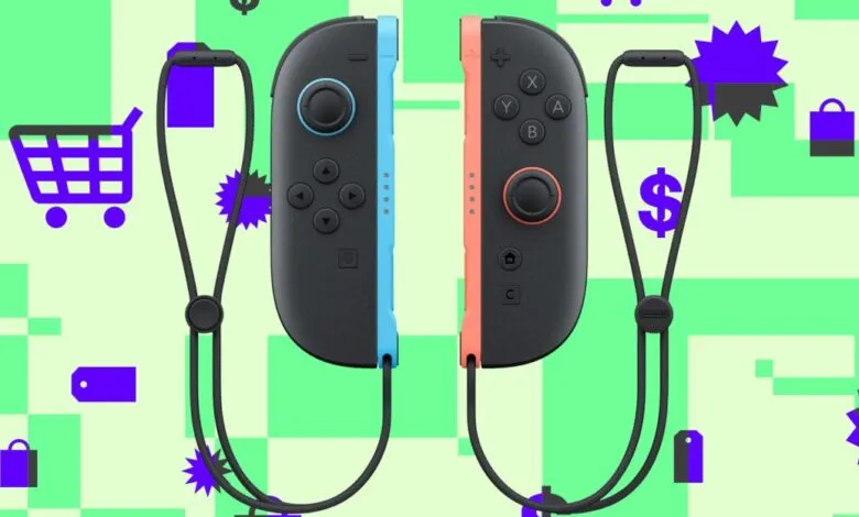 Nintendo Switch Joy-Cons, one blue and one red, on a sale-themed background.