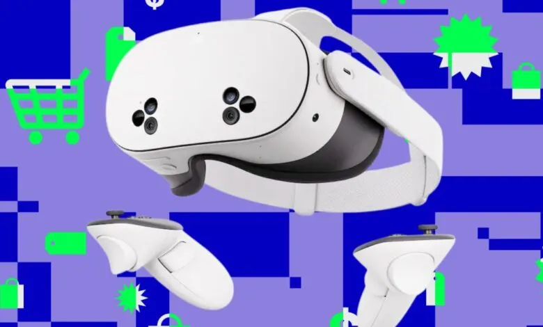 Meta Quest 3S VR headset and controllers on a colorful, geometric background.