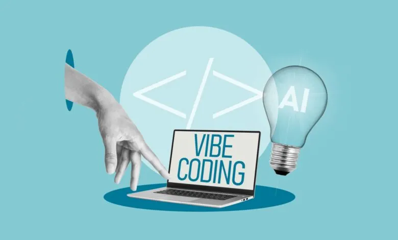 Laptop displaying 'Vibe Coding' with hand, code symbols, and AI lightbulb.