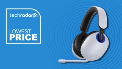 Sony gaming headset with microphone on blue background with 'Lowest Price' badge.