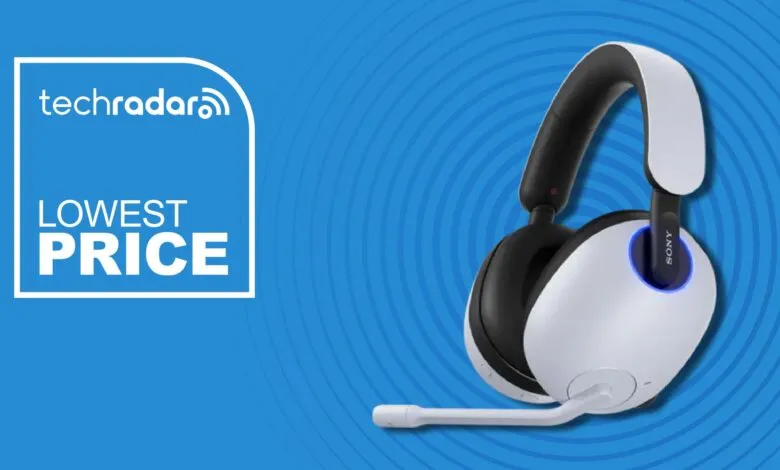 Sony gaming headset with microphone on blue background with 'Lowest Price' badge.