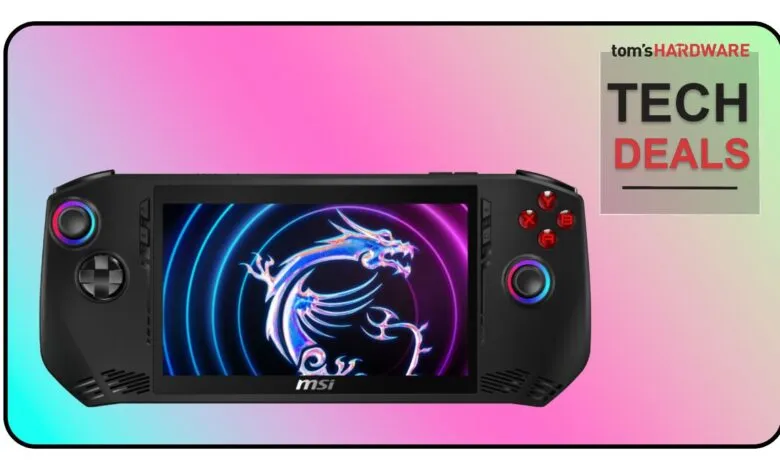 MSI Claw handheld gaming device with dragon logo on screen.