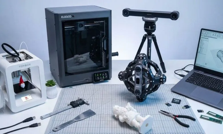 3D printers, scanner, and laptop on a cutting mat surface.