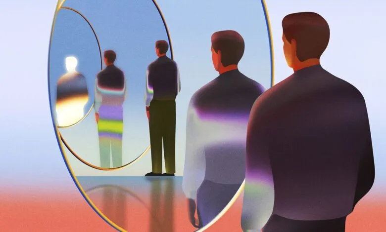 Abstract illustration of figures reflected in a circular mirror.
