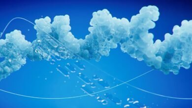 Abstract DNA strand with blue spheres and transparent capsules.