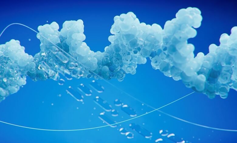 Abstract DNA strand with blue spheres and transparent capsules.