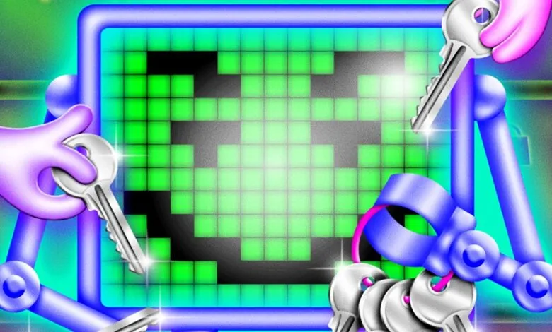 Abstract image of robotic hands holding keys in front of a pixelated screen.