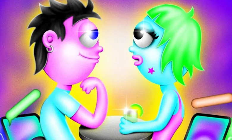 Two stylized figures face each other at a table with drinks and phones.