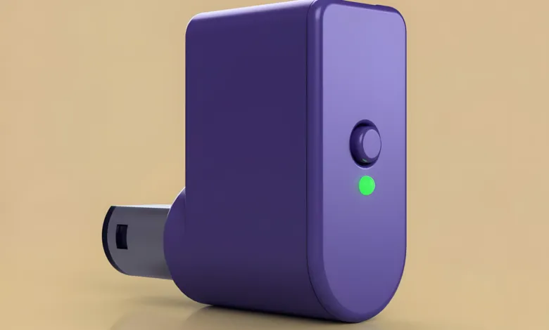 Purple USB wall adapter with green indicator light on a tan background.