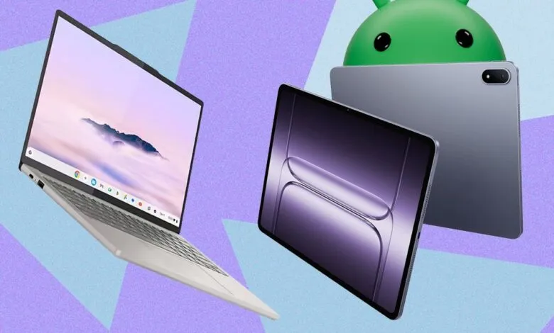 Lenovo Chromebook Plus 14, OnePlus Pad, and Android mascot on a geometric background.
