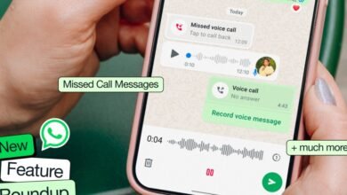 WhatsApp interface showing missed call and voice message features on a smartphone.