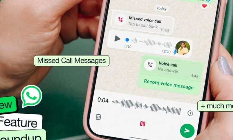 WhatsApp interface showing missed call and voice message features on a smartphone.