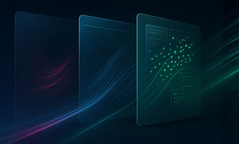 Three layered screens display data visualizations in pink, blue, and green.