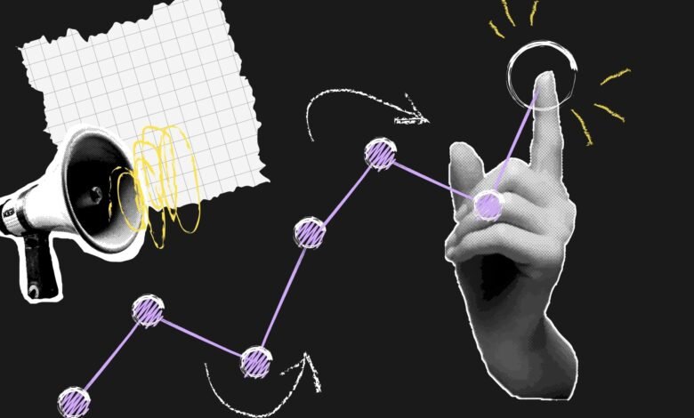 Stylized image of a rising graph, megaphone, and hand pointing upwards.