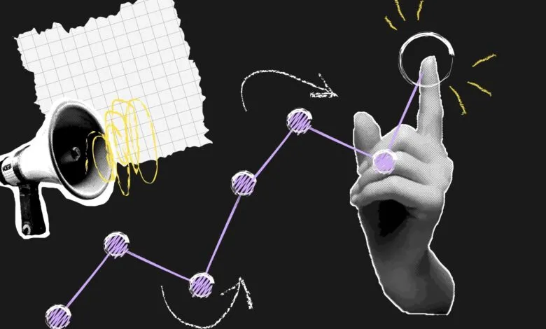 Stylized image of a rising graph, megaphone, and hand pointing upwards.