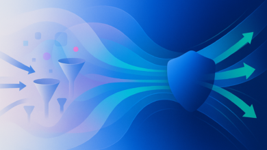 Abstract illustration of data filtering and security with funnels and a shield.