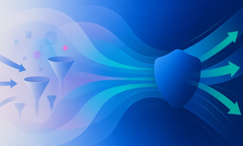Abstract illustration of data filtering and security with funnels and a shield.