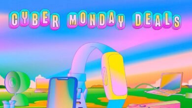 Cyber Monday deals graphic with electronics on colorful background.