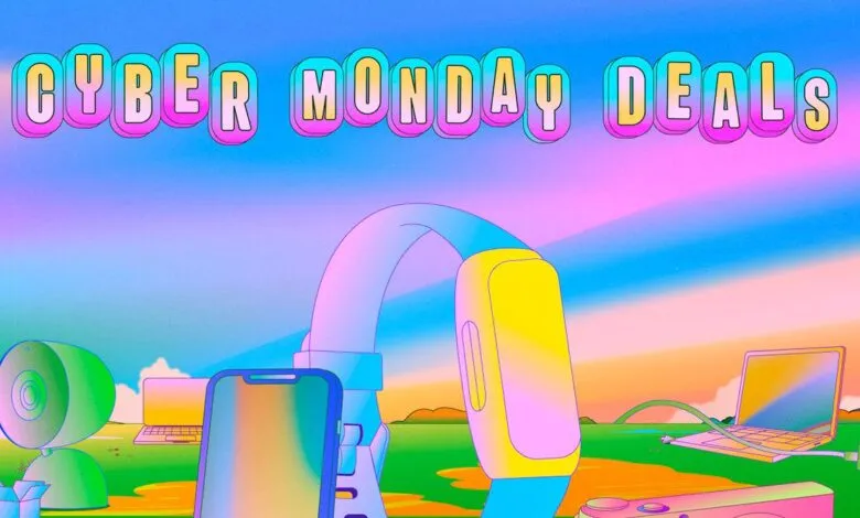 Cyber Monday deals graphic with electronics on colorful background.
